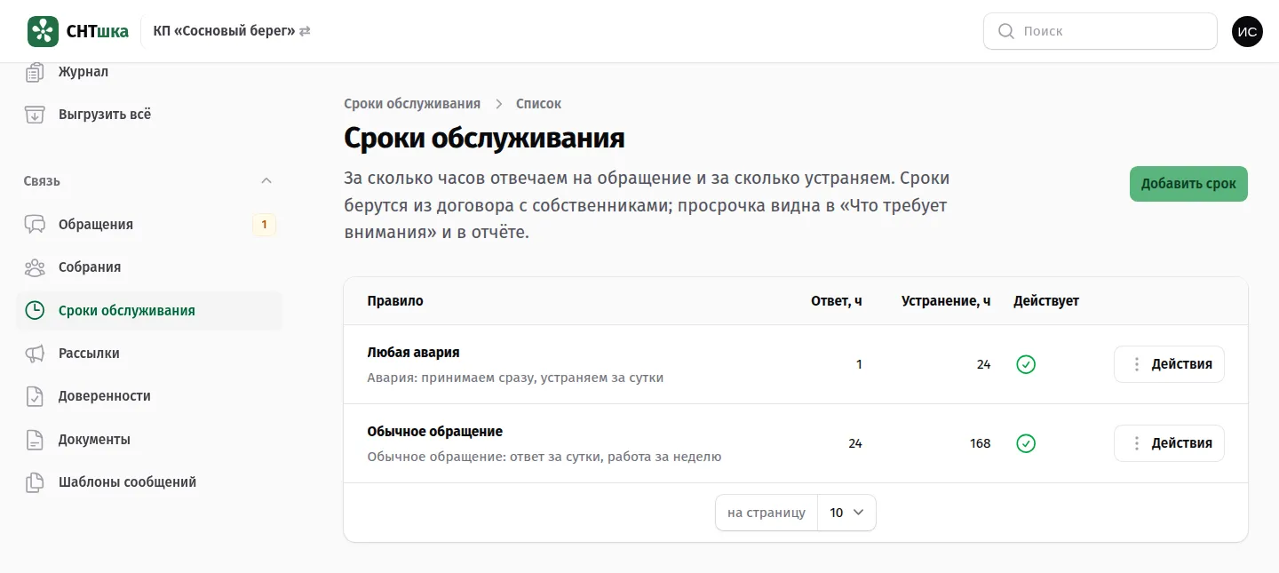 Экран «Сроки обслуживания»: правило «любая авария — ответ 1 час, устранение 24 часа» и «обычное обращение — 24 и 168 часов».